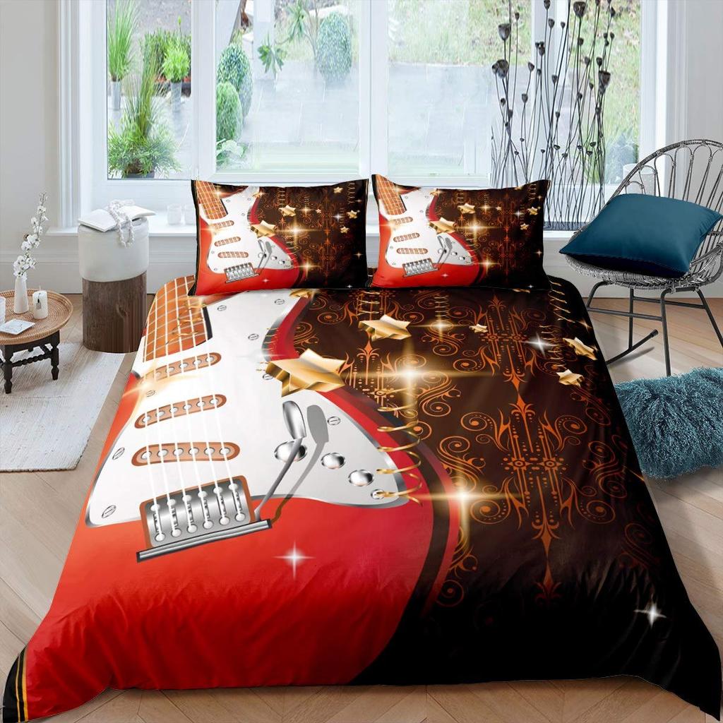 Guitar Duvet Cover Set Music Theme Bedding For Teens Microfiber Vintage Grey Guitar On Wooden Floor Quilt Cover Queen King Size