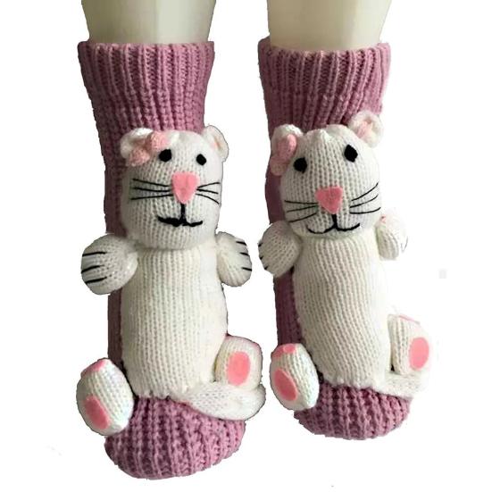 1 Pair Winter Socks 3D Cartoon Animal Socks Knitted Anti-slip Mid-tube Thickened Elastic Keep Warm Floor Socks with Silicone Dot Soles