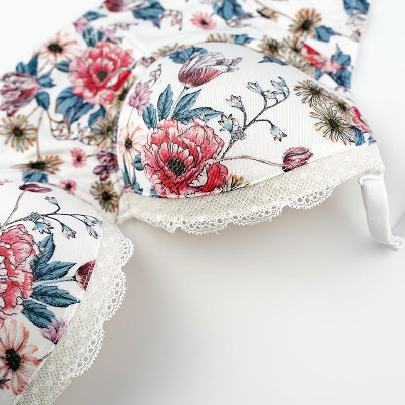 Women's Print Bra White Sexy Underwear Gathered with Steel Ring Female Style Push Up Thin Under Thick Mold Cup Sensual Lingerie