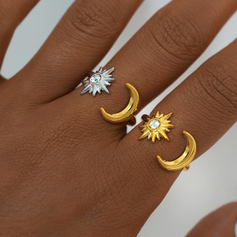 Luxury Stainless Steel Ring for Women Design Gold Color Stars Moon Inlaid with Zircon Adjustable Stacked Rings Banquet Jewelry