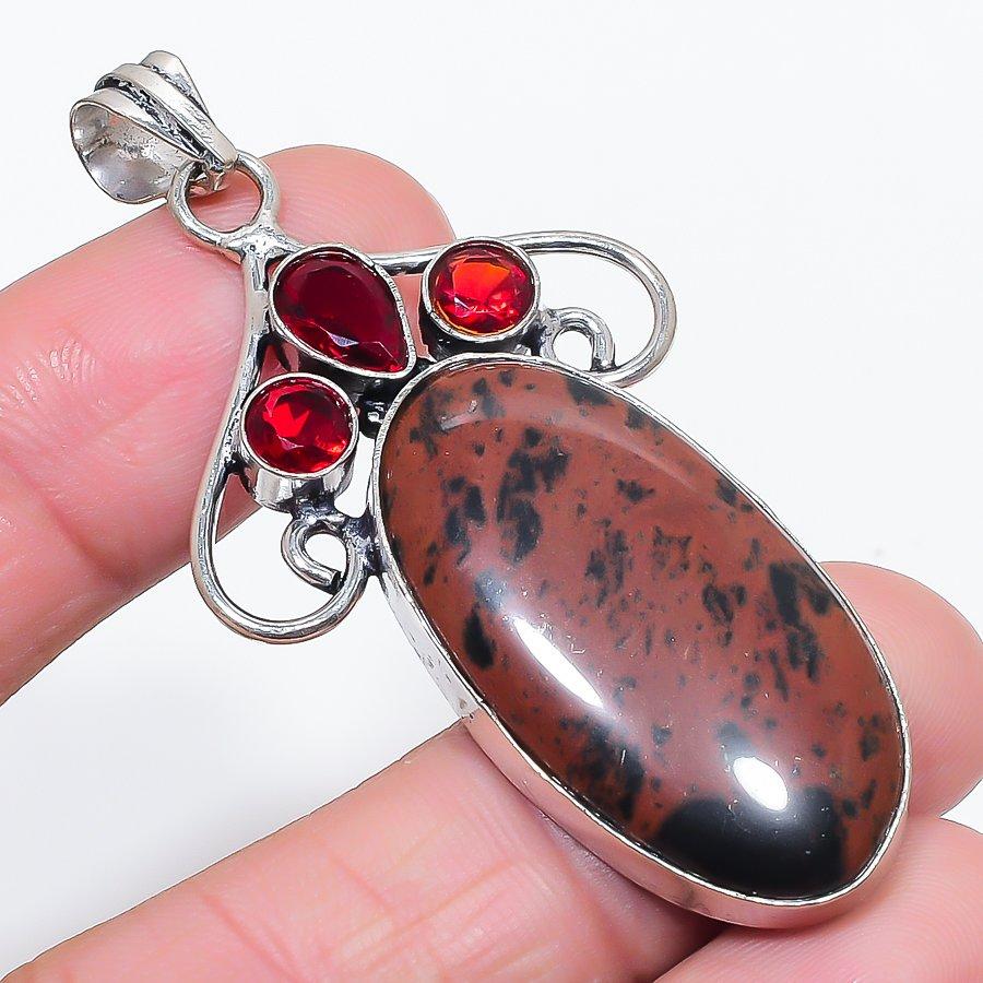 Natural Mahogany Obsidian, Garnet 925 Sterling Silver Jewelry Pendant 2.56" d8A92