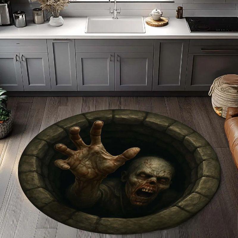 3D Halloween Skeleton Round Rug, Spooky Optical Illusion Non Slip Floor Mat for Indoor Holiday Decor Carpet