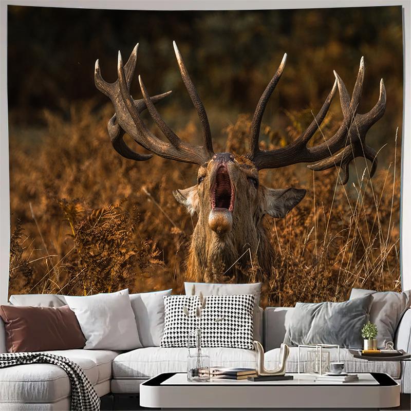 Majestic Stag Roaring in Autumn Forest Wall Tapestry Machine Washable All Season Decor Print Home Decoration Polyester Fabric