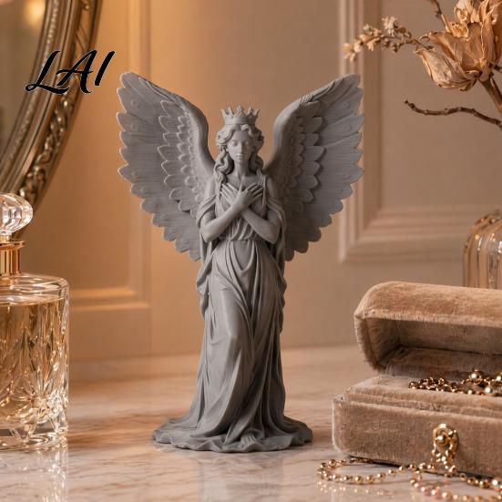 3D Printed Angel Statue Crown Figurine Vintage Guardian Angle Statue Shape Ornament Artistic Winged Women Sculpture for Home Tabletop Decoration