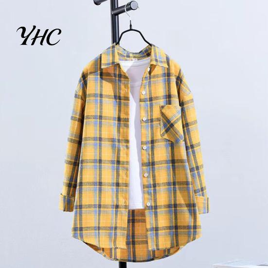 Ladies Blouse Turn Down Collar Long Sleeve Single-breasted Patch Pocket Loose Shirt Top Classic Plaid Print Casual Female Clothing