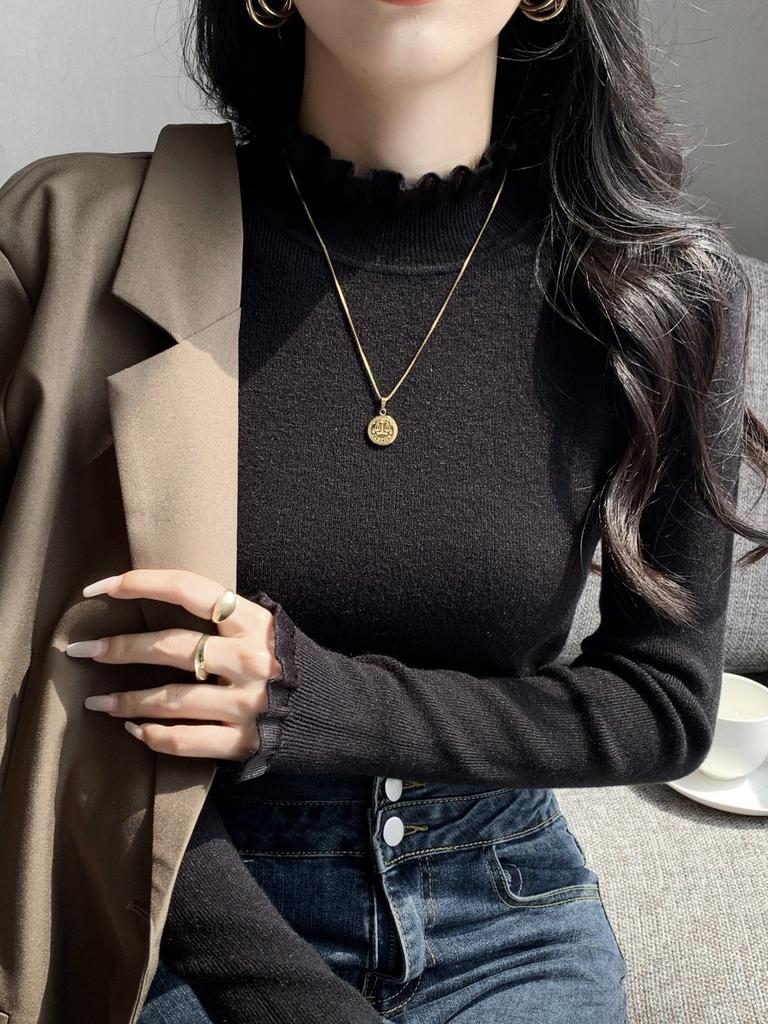 Кружевной кружевной внутренний топ весенний полуводолазка вязаный свитер женский однотонный высококачественный облегающий базовый топ