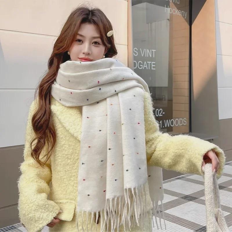 Элегантный звездно-белый шарф для женщин – осенне-зимняя шаль с кисточками и волнистым узором в горошек, корейский стиль