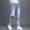High-end Heavy Craft Splicing Tide Men's Spring New Zip Light Blue Jeans Small Leg Trousers