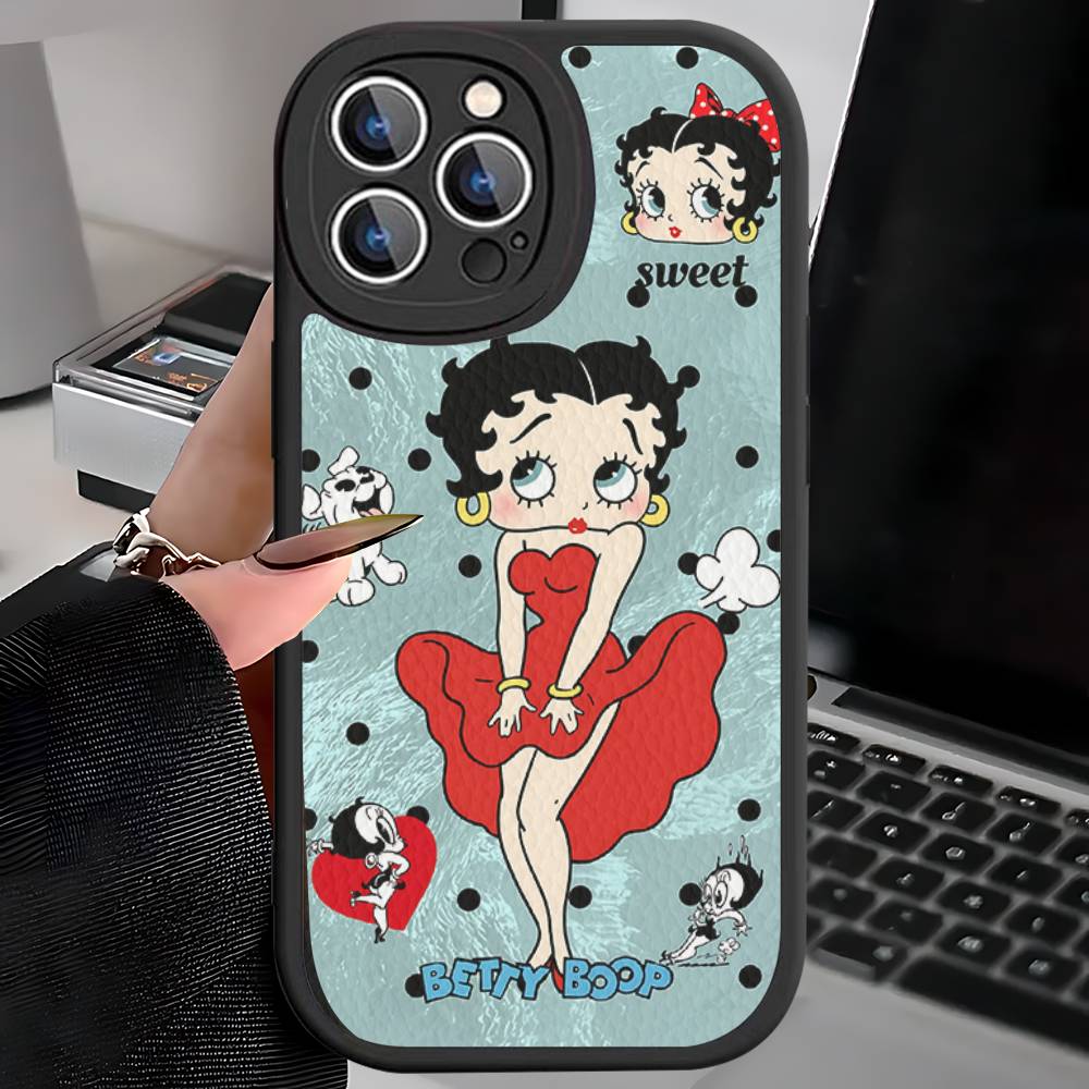 B-Betty-Cute-B-Boop Anime Leather Phone Case For iPhone 16 15 14 13 12 11 Pro Max Plus Shockproof Cover