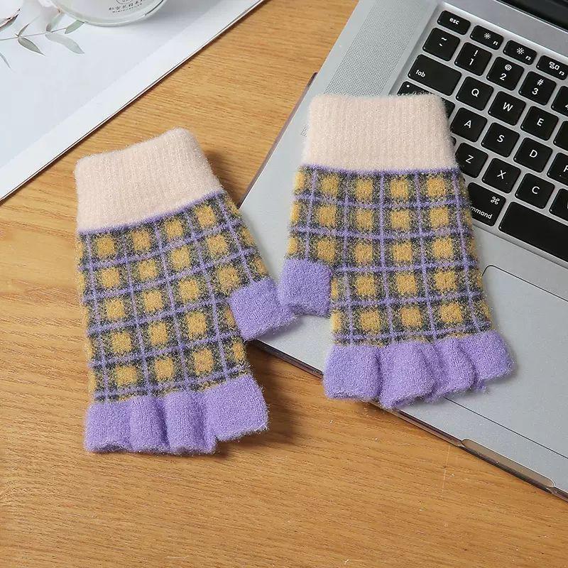 Female Checkerboard Winter Half-Finger Gloves Warm Half Open Finger Korean Version Student Writing Winter Typing Computer