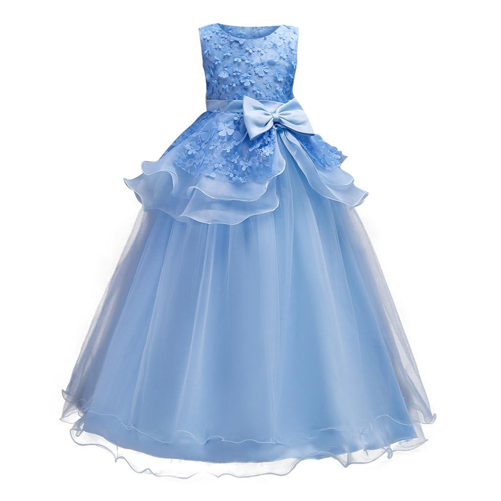 CUHK Girls' Dress Princess Dress Solid Color Flower Long Floor-length Evening Gown Puffy Princess Dress