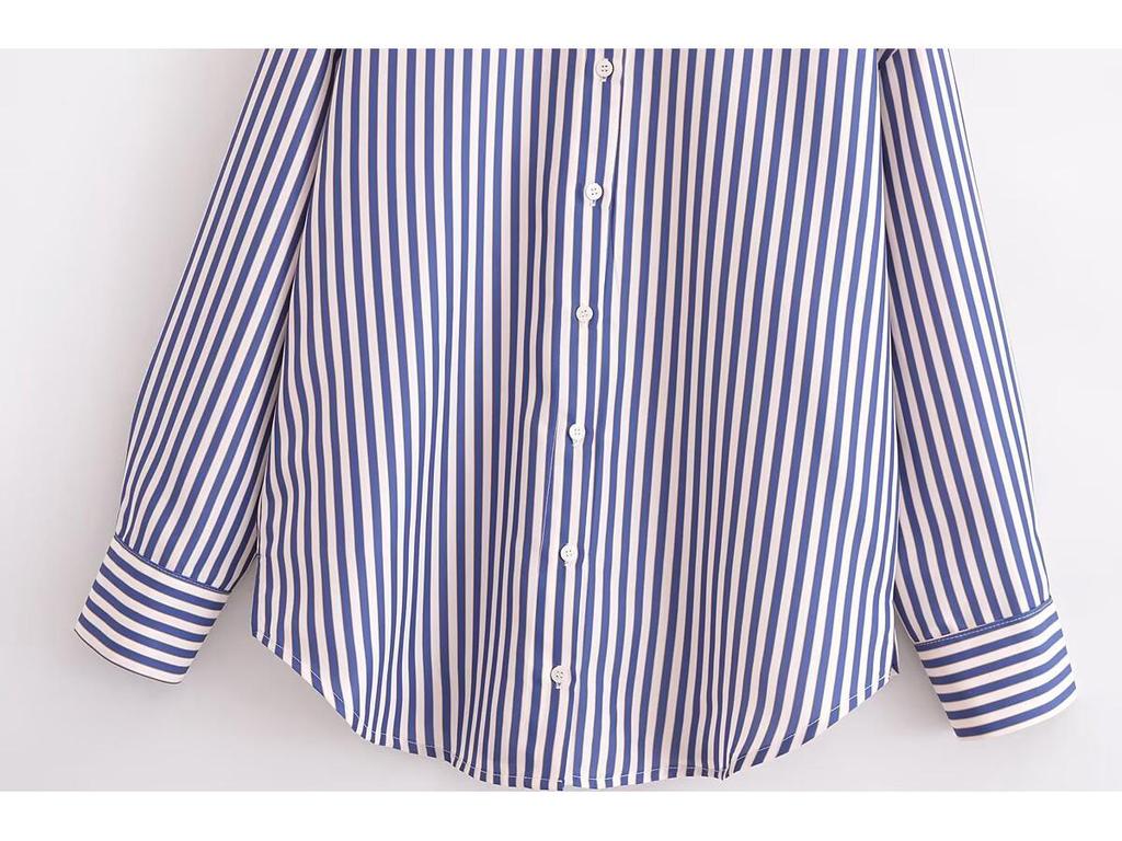 2025 Spring Women's Metallic Thread Striped Long Sleeve Shirt with Turn-Down Collar, European & American Style.