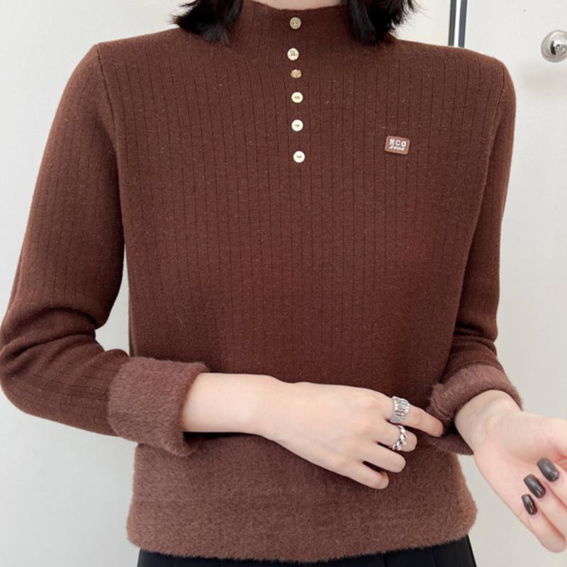 IHUASU Thickened One-piece Velvet Button Jumper Women's Autumn and Winter Half-high Neck Warm Knitted Bottoming Shirt with A Hundred Tops