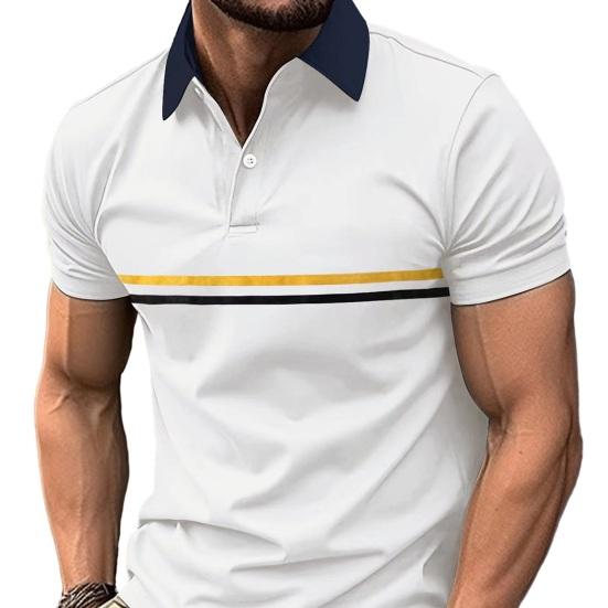 Летний мужской топ с отложным воротником, однотонный лоскутный полосатый принт, приталенный пуловер, мягкая дышащая пуговица, повседневная мужская футболка средней длины