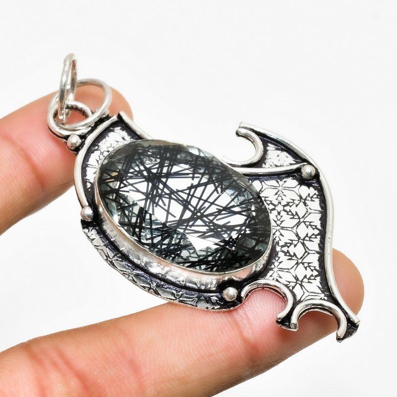Black Rutile Gemstone Handmade 925 Silver Plated Jewelry Pendant 2.65"