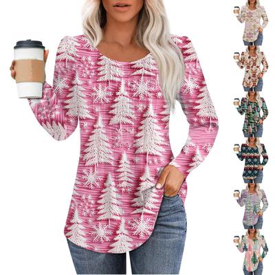 Женская мода повседневная плиссированная круглая горловина с принтом 3D рождественской елки с длинными рукавами