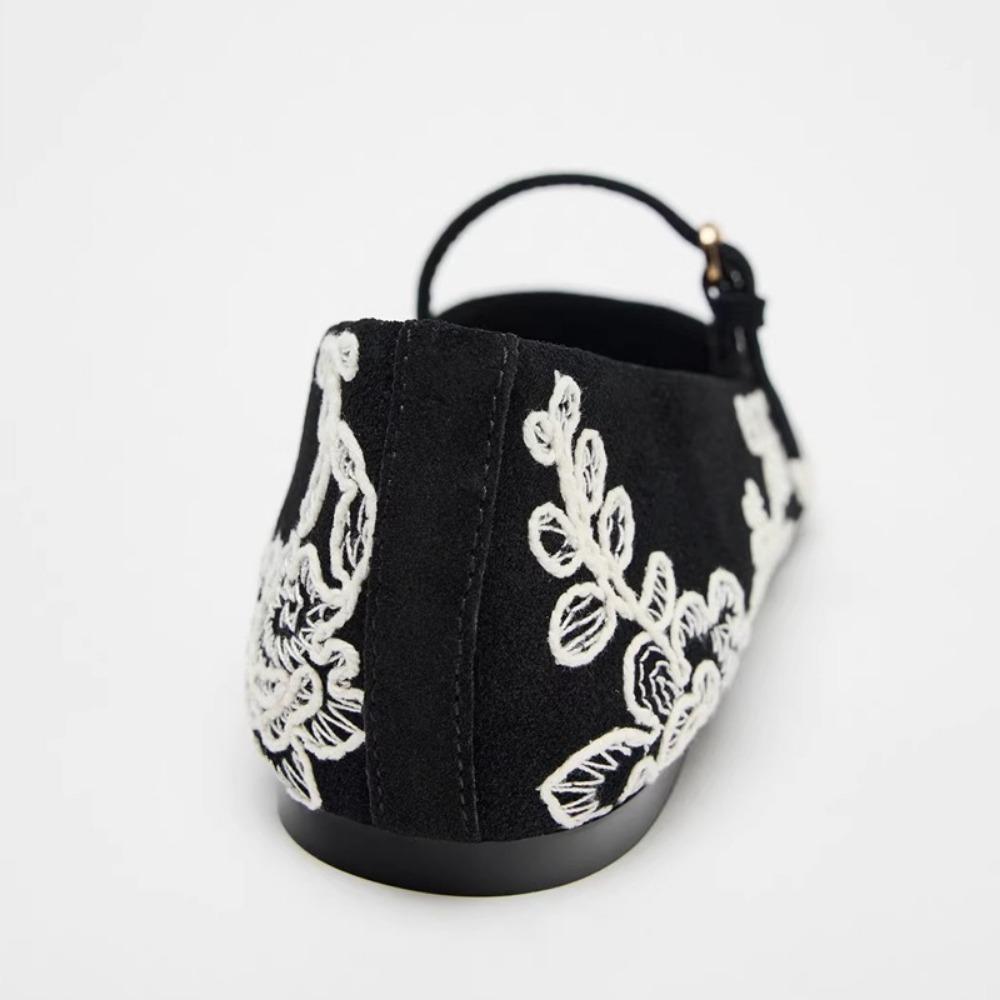 Ретро Вышитые Цветами Плоские Балетки для Женщин 2025 Весна Новые Французские Круглый Носок Одна Лямка Mary Jane Однотонные Туфли Женские