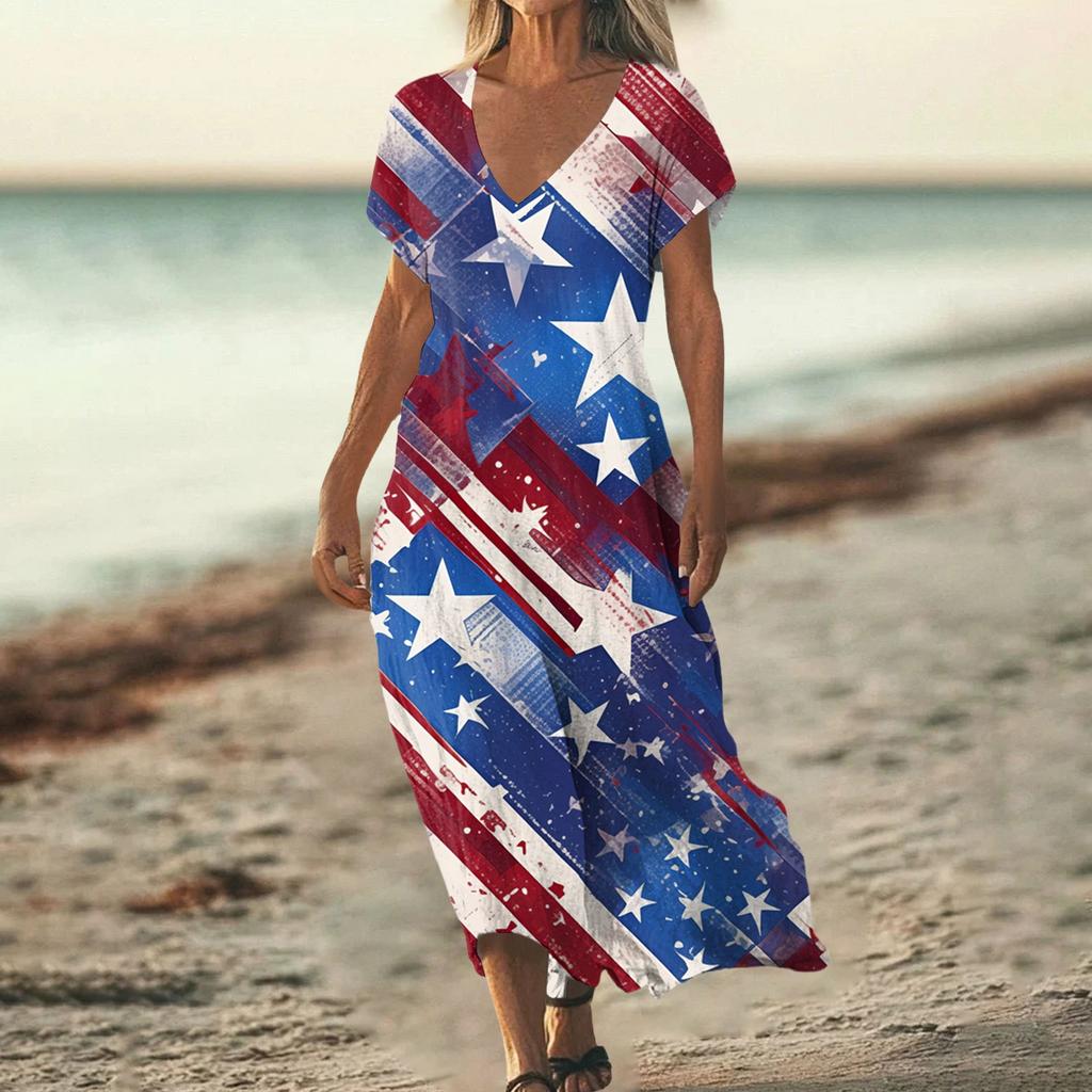 Flag Dress for Women 4Th Of July Dresses for Women Patriotic Dress Usa Dress with Star Print Loose Fit Summer Style