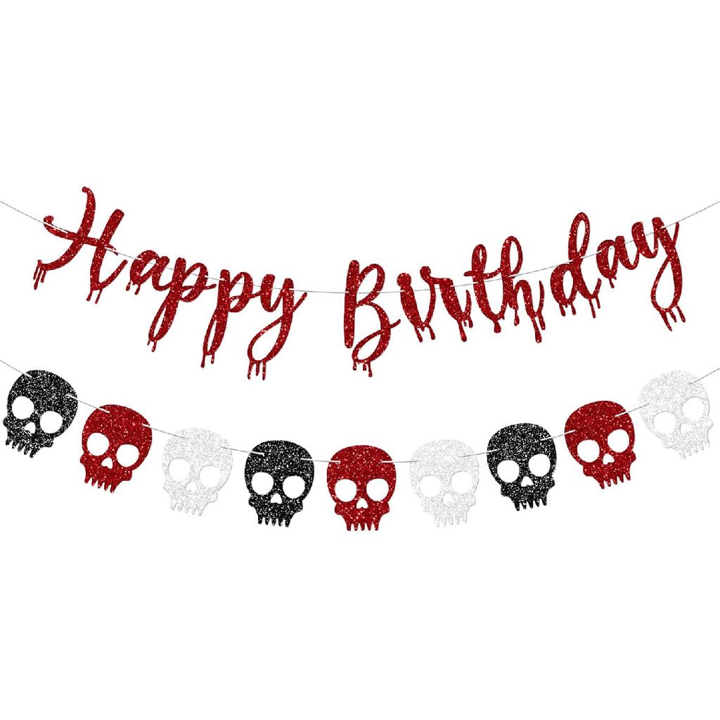 Pink Skull Halloween Happy Birthday Banner for Girl Glitter Skull Garland Banners for Pink Halloween Birthday Party Decorations