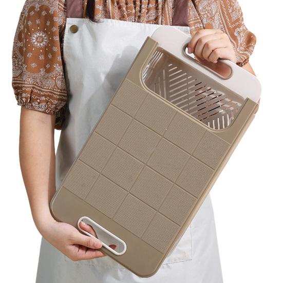 Cutting Board with Strainer Colander Retractable Plastic Board Extended Size Space-Saving with Handle Draining Tray for Kitchen
