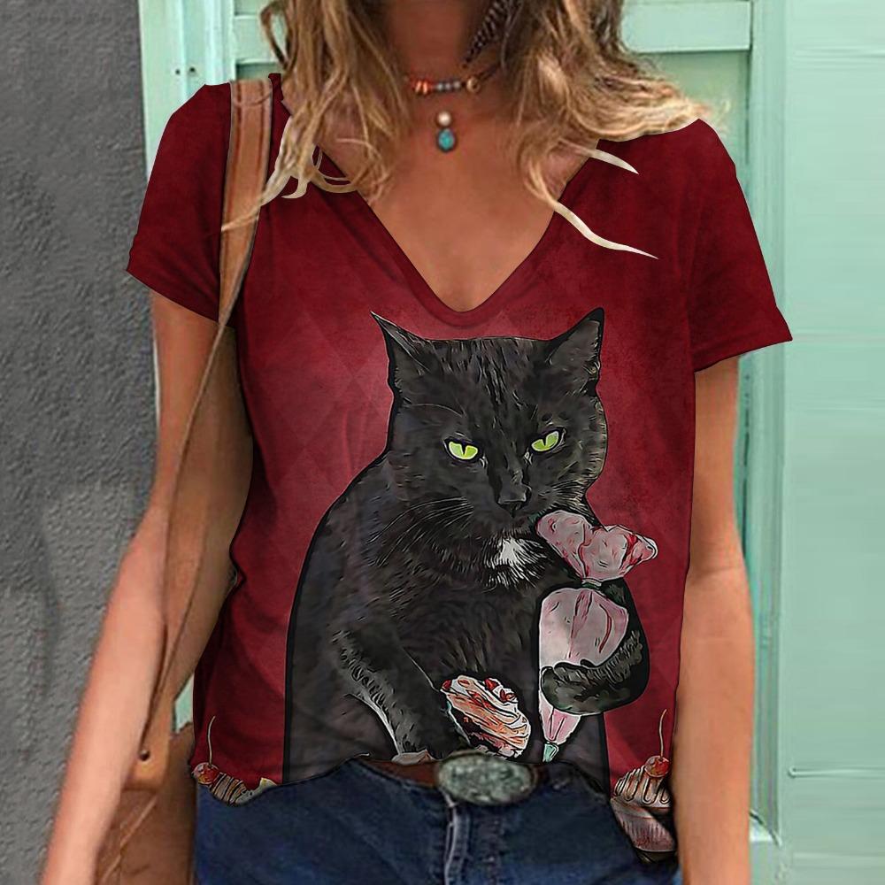 Модная женская футболка с рисунком кошки, короткий рукав, 3D-принт с изображением животных, футболка большого размера с V-образным вырезом, летняя женская одежда Y2k Harajuku