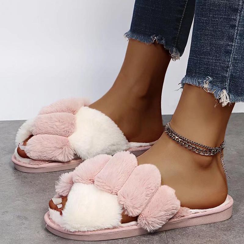 Модные тапочки из меха смешанных цветов для женщин Осень Зима 2025 Мягкая подошва Длинный плюш Для дома и улицы Шлепанцы Женские Пушистые Уютные