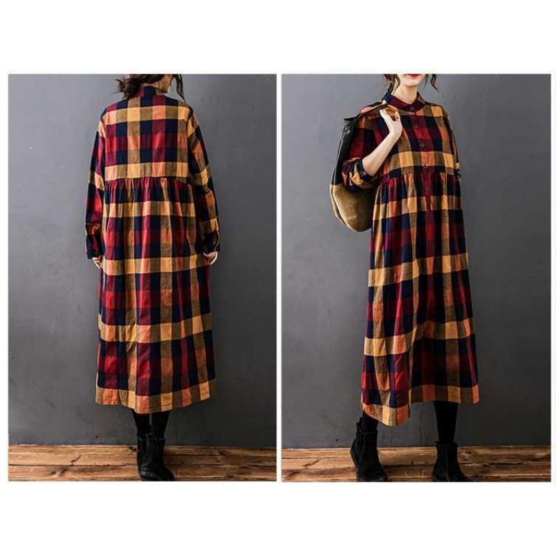 Women's Loose Spliced Cotton Linen Long Sleeved Dress