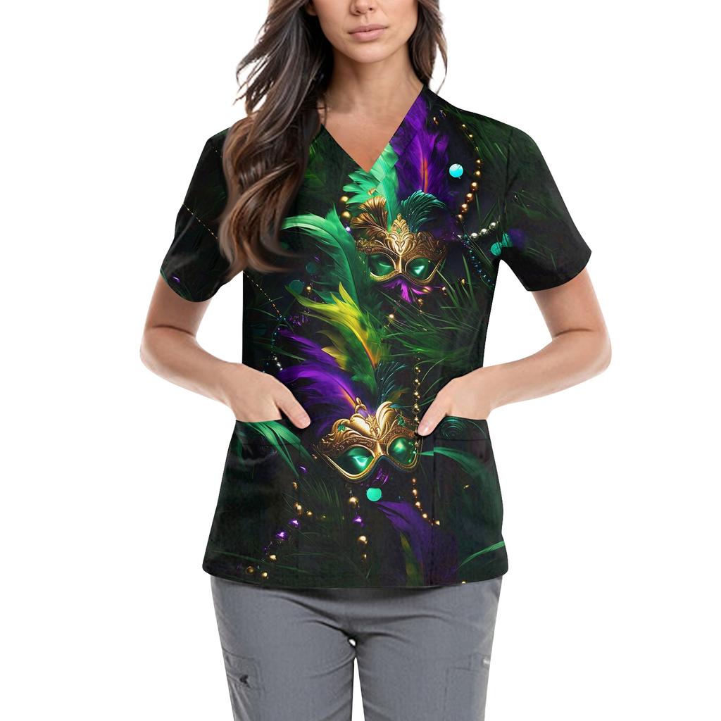 Women's Carnival Themed Outfit Party Mask Pattern Caregiver Top