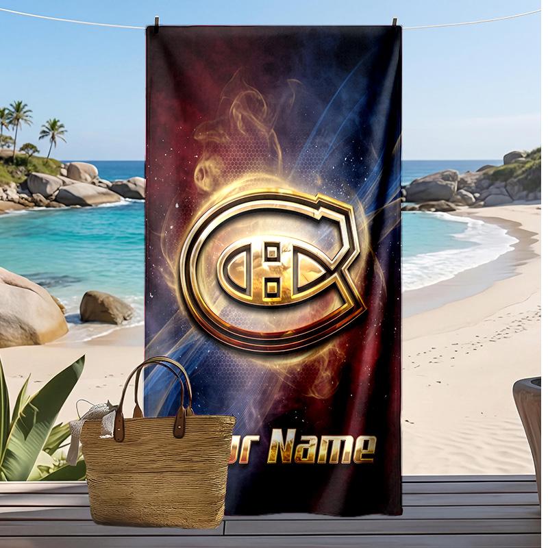 Montreal Canadiens Custom Beach Towel, Print Your Name Text Lightweight Absorbent Towel for Swimming Travel