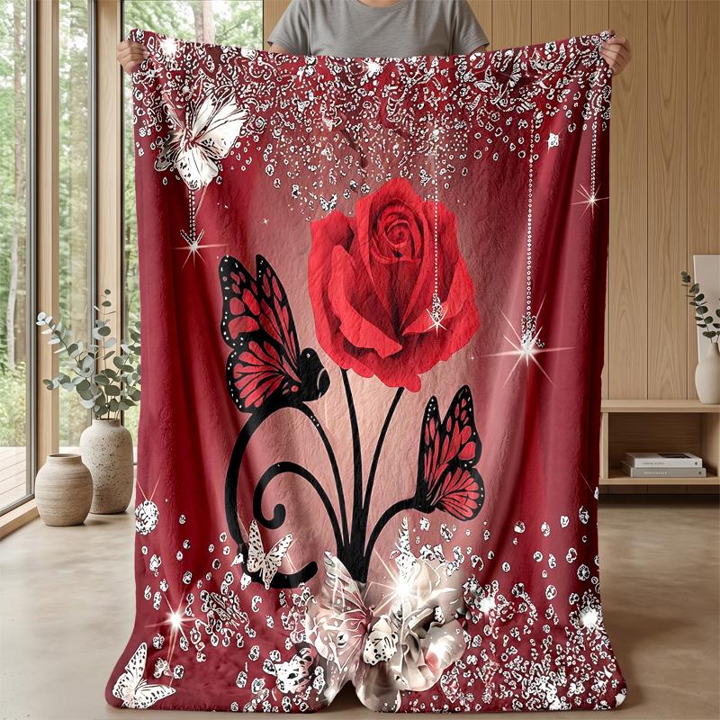 Red Butterfly and Rose Theme blanket Lightweight Warm Flannel Blanket Decorative Throw Blanket for Home Decoration