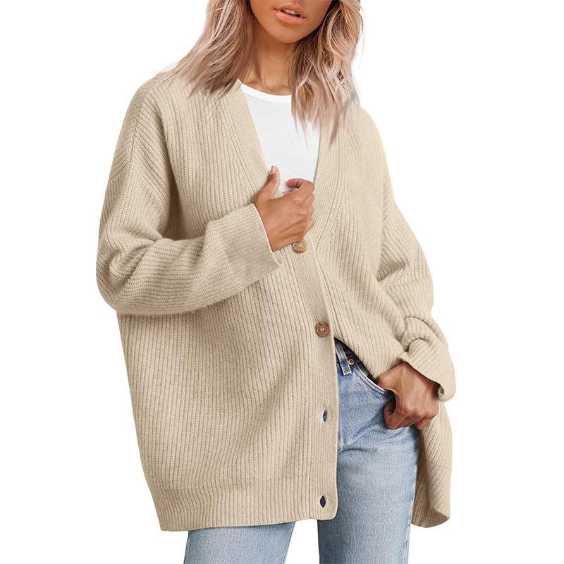 Women’s Casual Solid Knitted Cardigan Sweater V-neck Long Sleeve Button Down Warm Sweater for Lady Soft Comfortable Warm Simple Sweater