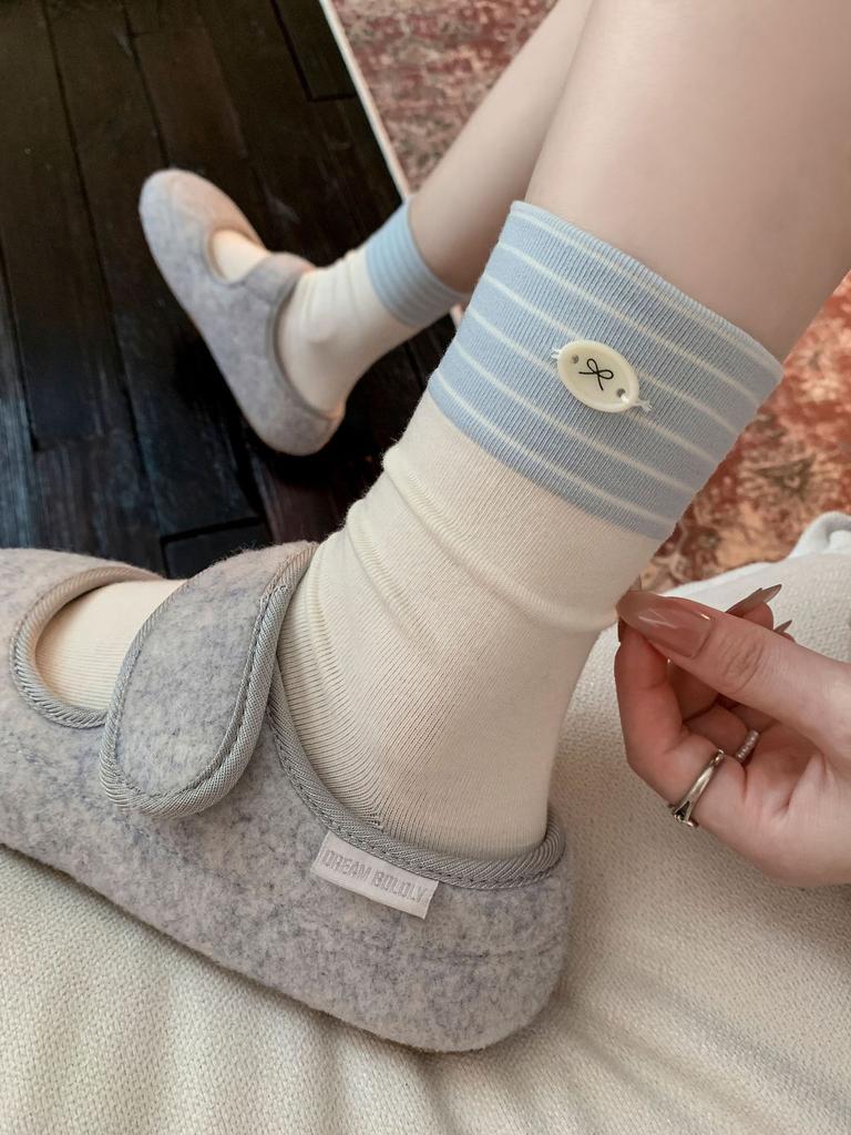 Button Bow Socks Medium Tube Socks Tide Cotton Versatile College Style Striped Contrasting Color Stacking Socks