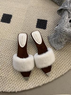 SUOJIA Мех Осень Новые Женские Летние Пляжные С Открытым Носком Шлепанцы На Высоком Каблуке Элегантные Туфли-Лодочки Слайды