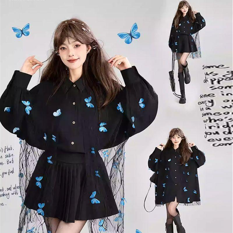 Three Dimensional Butterfly Lace Women's Shirt Black New Lapel Button Up Blouse Spring Autumn Loose Fashion Woman Top