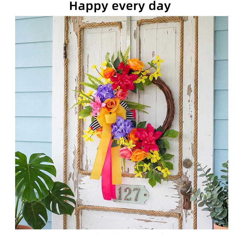 Spring/Summer Bright Rattan Wreath: Vibrant Front Door Decoration with Artificial Flowers