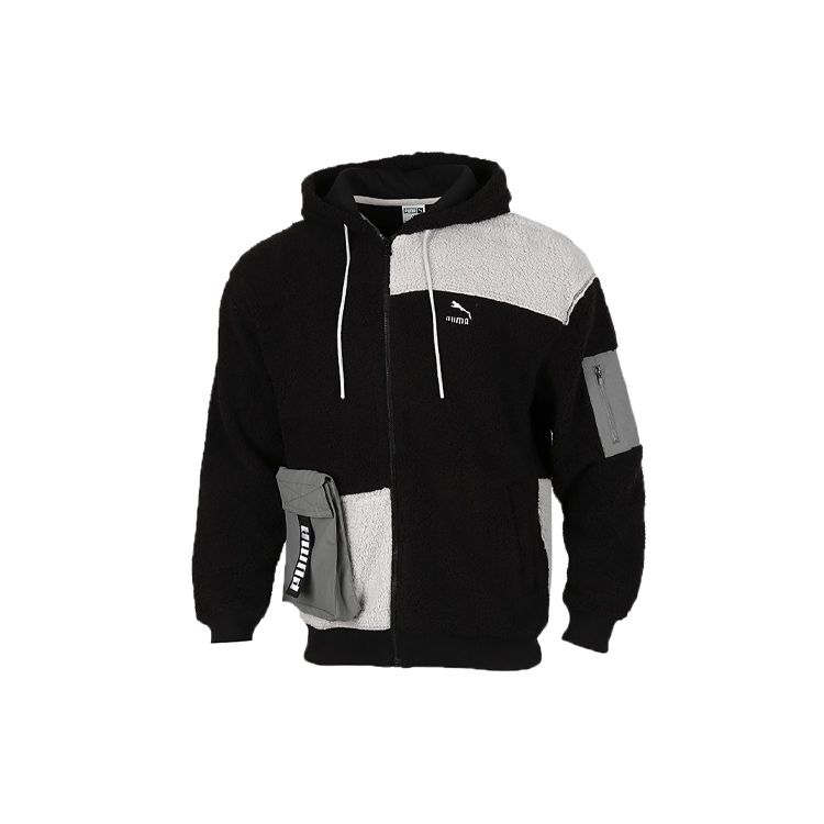 Puma Флисовая куртка из шерпа в стиле ретро с капюшоном и цветными блоками на молнии, мужские куртки, черный, серый 530711-01