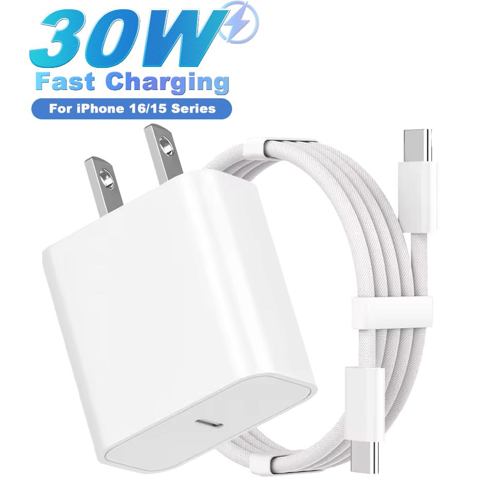 Комплекты для быстрой зарядки PD 30 Вт Зарядное устройство с портом USB C с плетеным кабелем для передачи данных Type-C 1 м / 3,3 фута для iPhone 16 15 Pro ipad Samsung Xiaomi