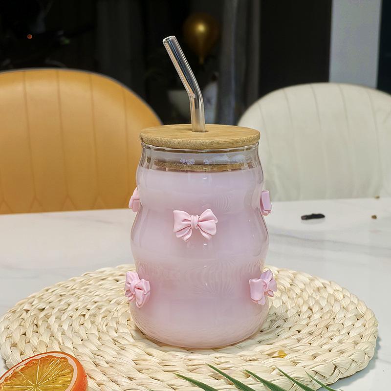 Cute Bow Solid Color Suction Tube Cup High Temperature Resistant Modern Sustainable Microwave Safe Household Glass Drinkware