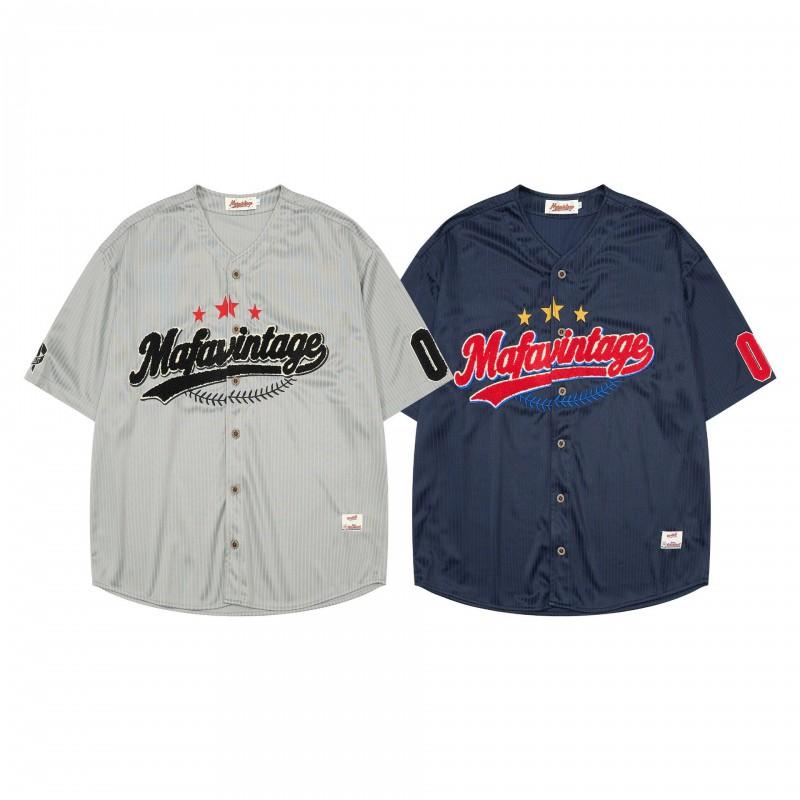 Mens Loose Fit Striped Baseball Shirt With Embroidery Retro American Style Casual Short Sleeve Top Fall