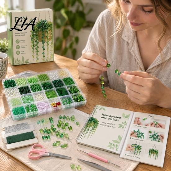 Home Decor Handicraft Beaded Plant DIY Kit, Green Bead Craft Art Hanging Crafting Kit for Teens Adults, Handmade Gift, Desktop Gift Idea