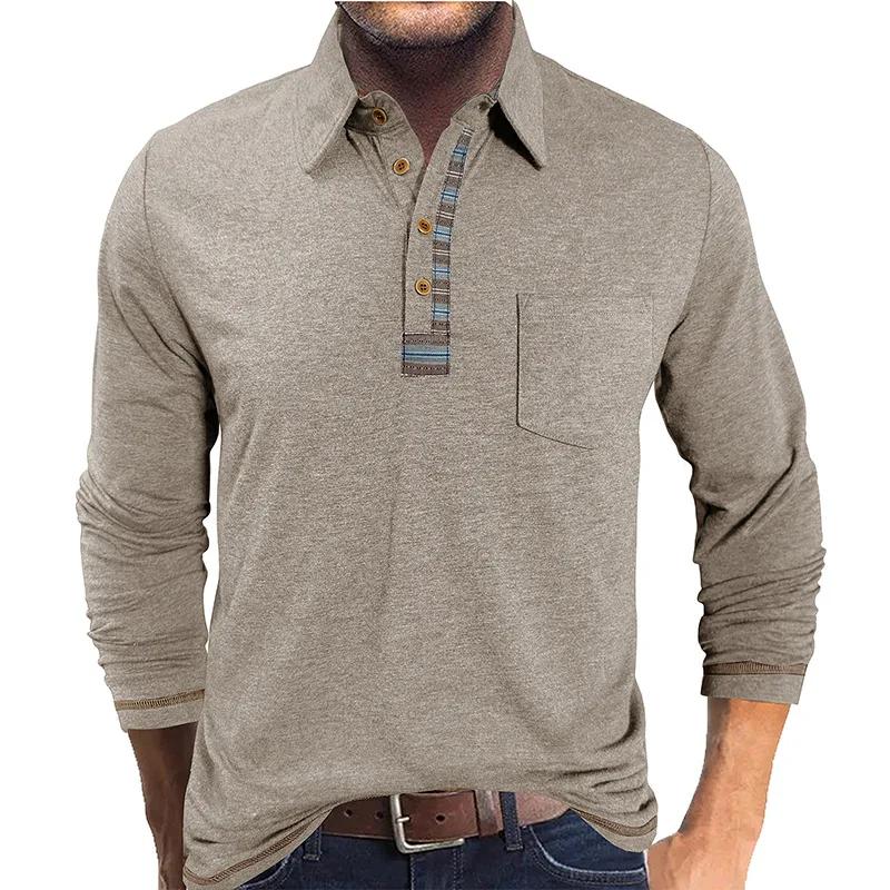 Мужские рубашки-поло в стиле business casual для весны и осени, с длинным рукавом, пэчворк, воротник на пуговицах, модные топы с нижним карманом