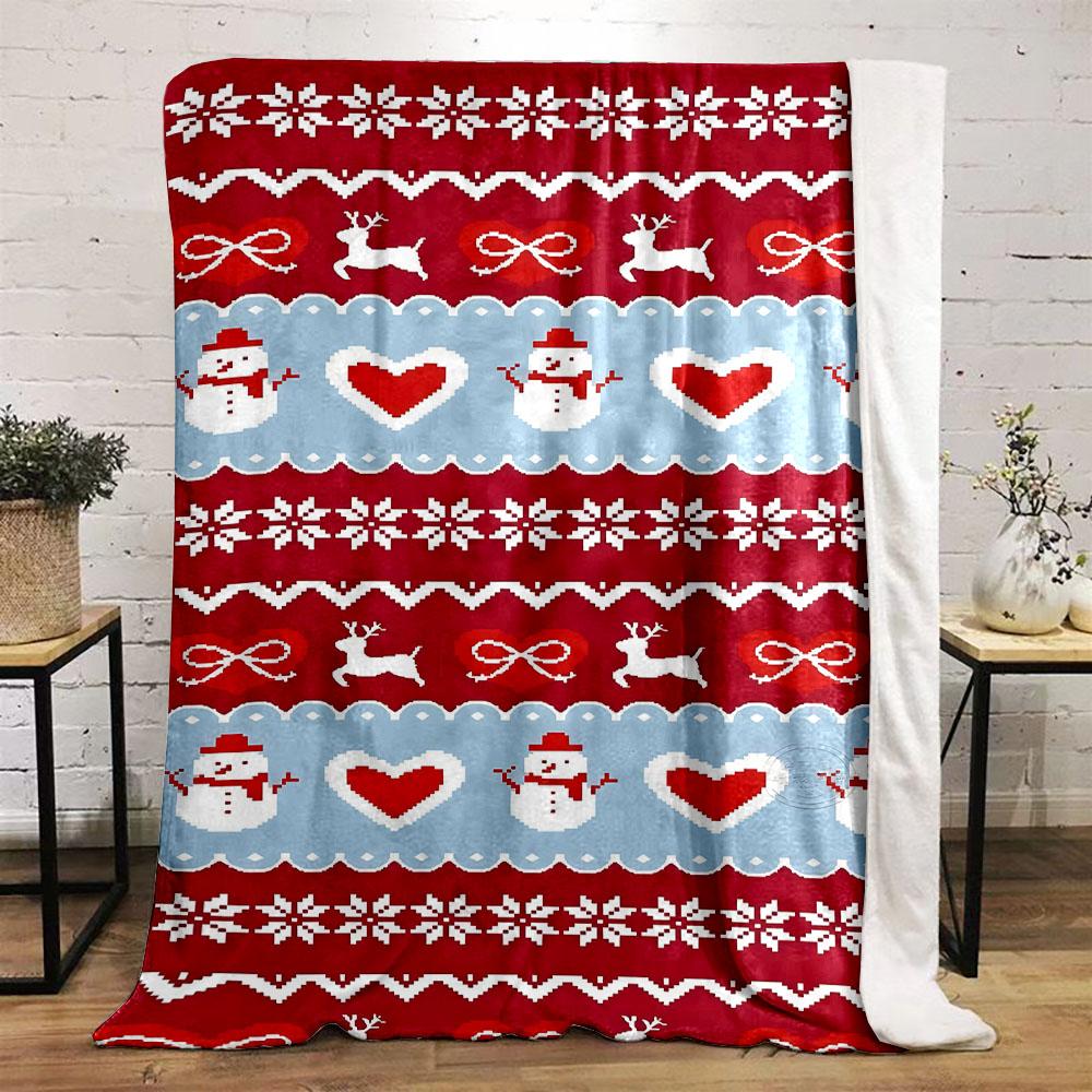 Snowman and Reindeer Festive Pattern Patterned flannel blanket perfect for the bedroom living room, sofa, or a little nap