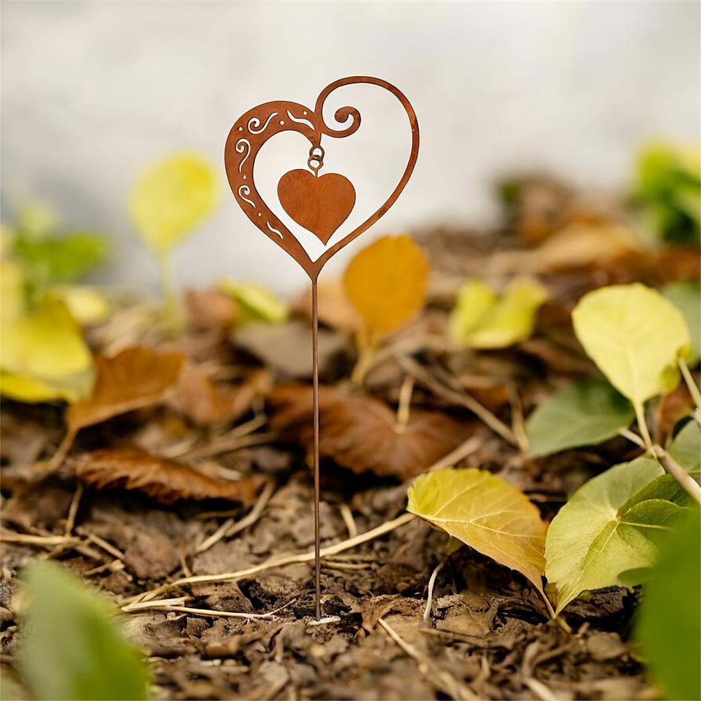 1Pc Iron Rust-Colored Heart-Shaped Garden Decoration Stake, Wedding Garden Decoration with Leaf Swirl Design, Suitable for Outdoor Decoration At Weddi