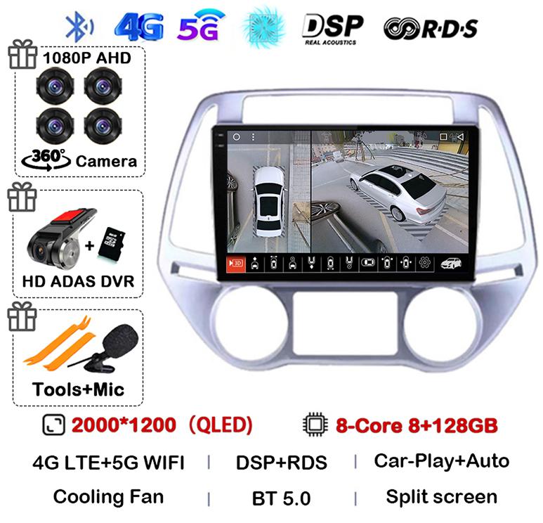 Android 14 Carplay Auto WIFI+4G Автомагнитола Для Hyundai i20 2008 - 2014 Стерео GPS Мультимедиа Видеоплеер 2 Din DVD 360 Камера BT