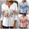 2024 Spring/Summer Women's Floral Print V-Neck Pleated Button T-shirt