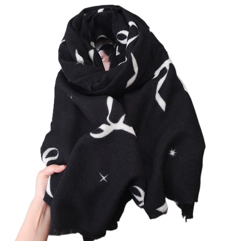 Thicken Bow Wool Scarf Printed Women Cashmere Shawl Elegant Winter Cashmere Scarves Female