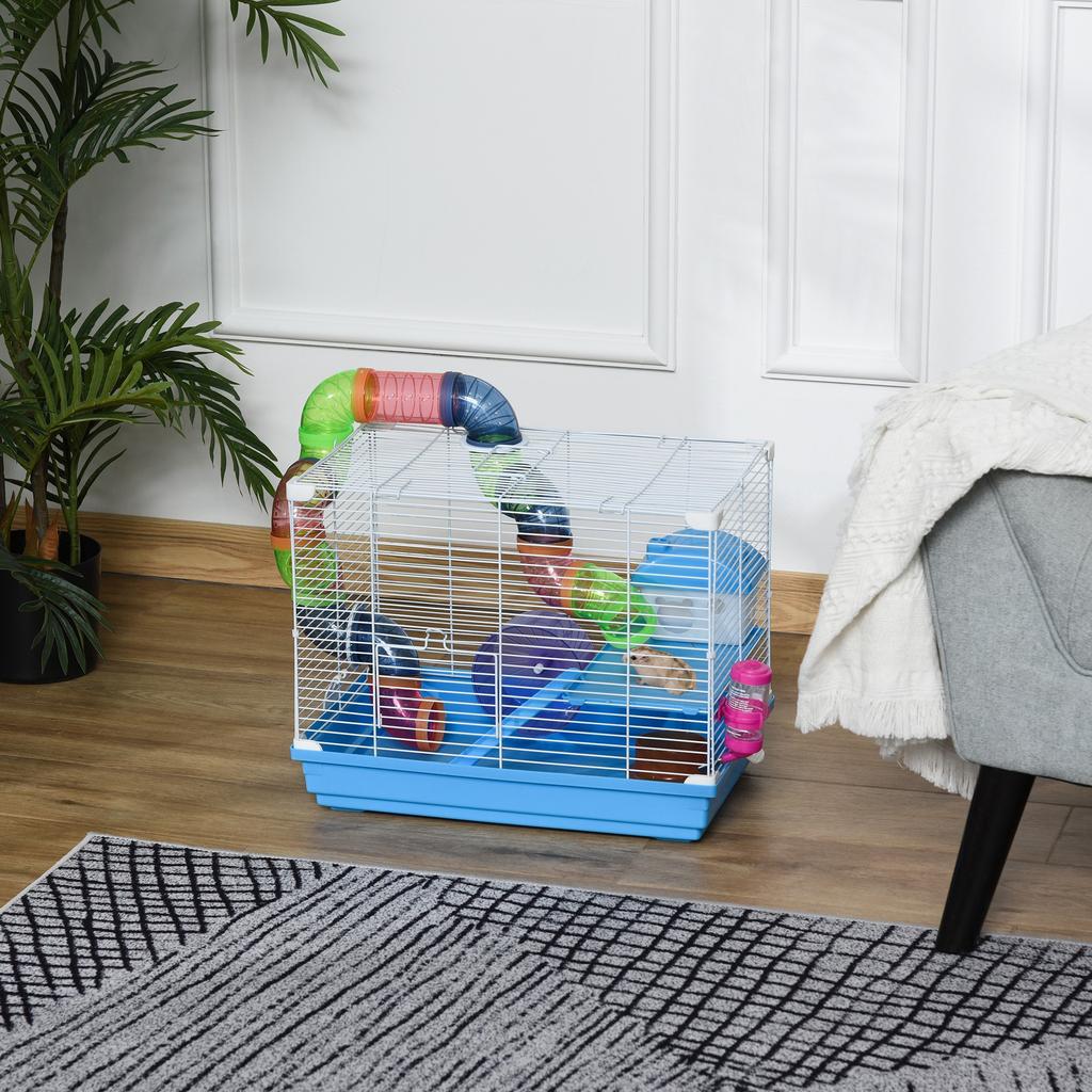 2-Tier Hamster Cage with Water Tank, Tray, Tube and Hamster Wheel, 46x30x37cm