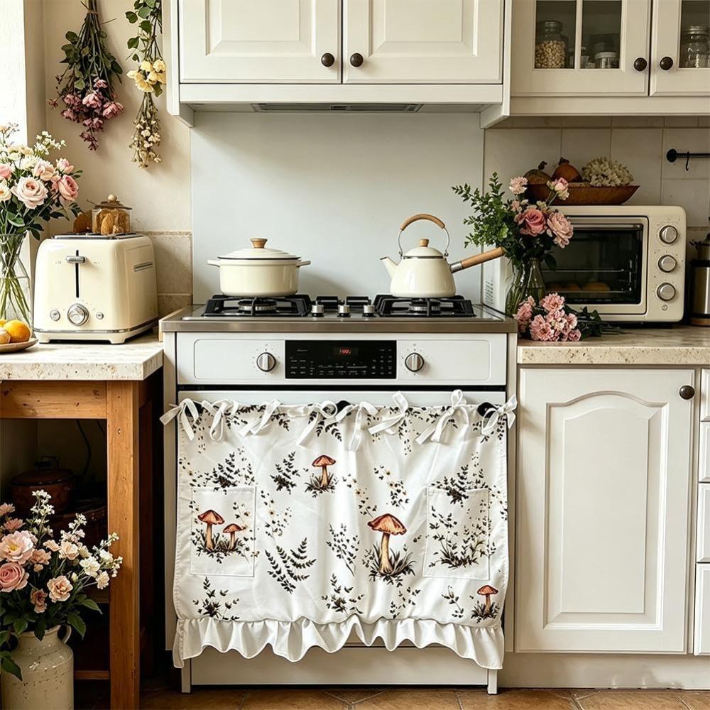 Oven Skirt Curtain with Pockets,Handmade Oven Skirts,with Ribbon Ties,Tabs Ruffled Trim,Modern Farmhouse Kitchen Decor for Dishwashers
