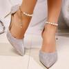 Fashion Fashion Pearl Buckle Strap Pumps for Women Summer Party Bling Pointed Toe Women'pumps Thin Heels Chain High Heels Female