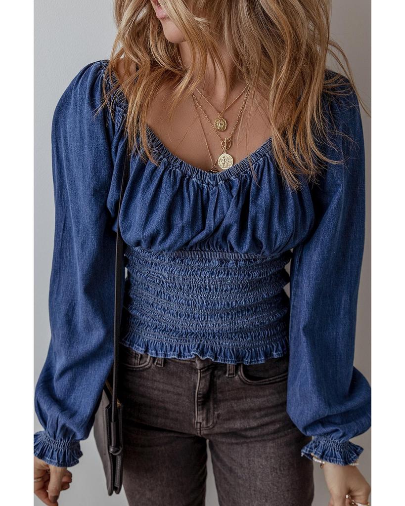 Azura Exchange Темно-синяя джинсовая блузка с V-образным вырезом и присборенными рукавами-фонариками